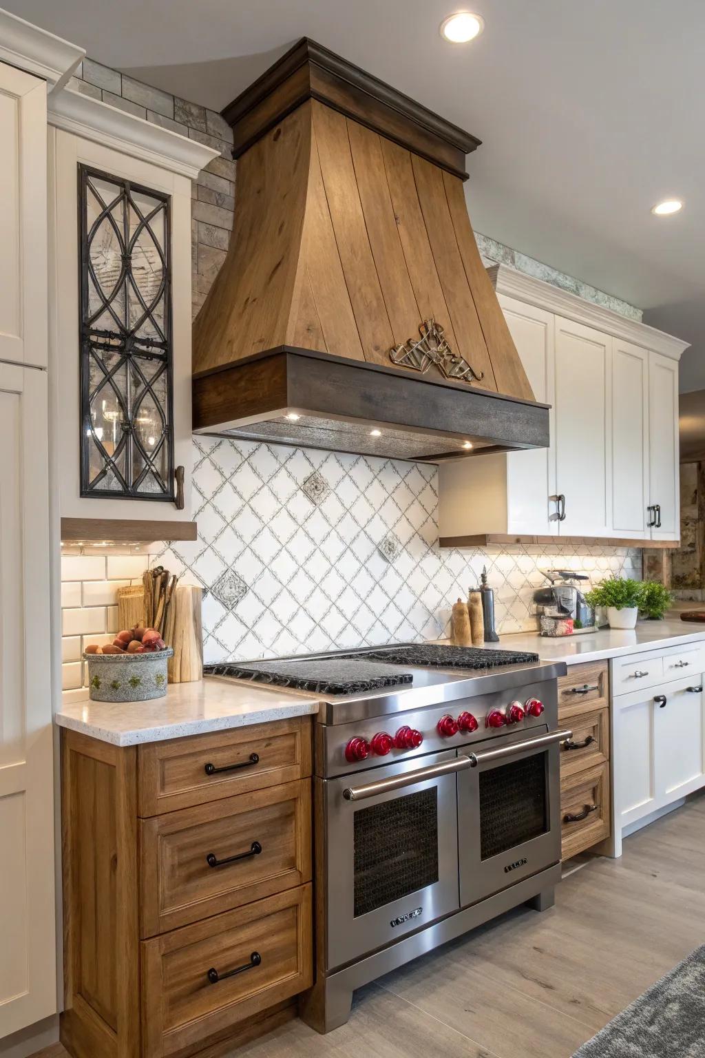 Varied materials come together to create a striking range hood design.