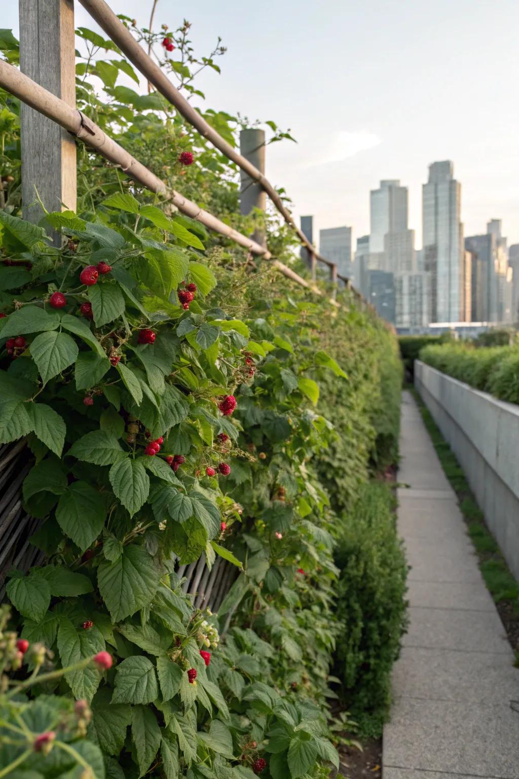 A verdant wall trellis metamorphoses raspberries into a vertical verdant attribute.