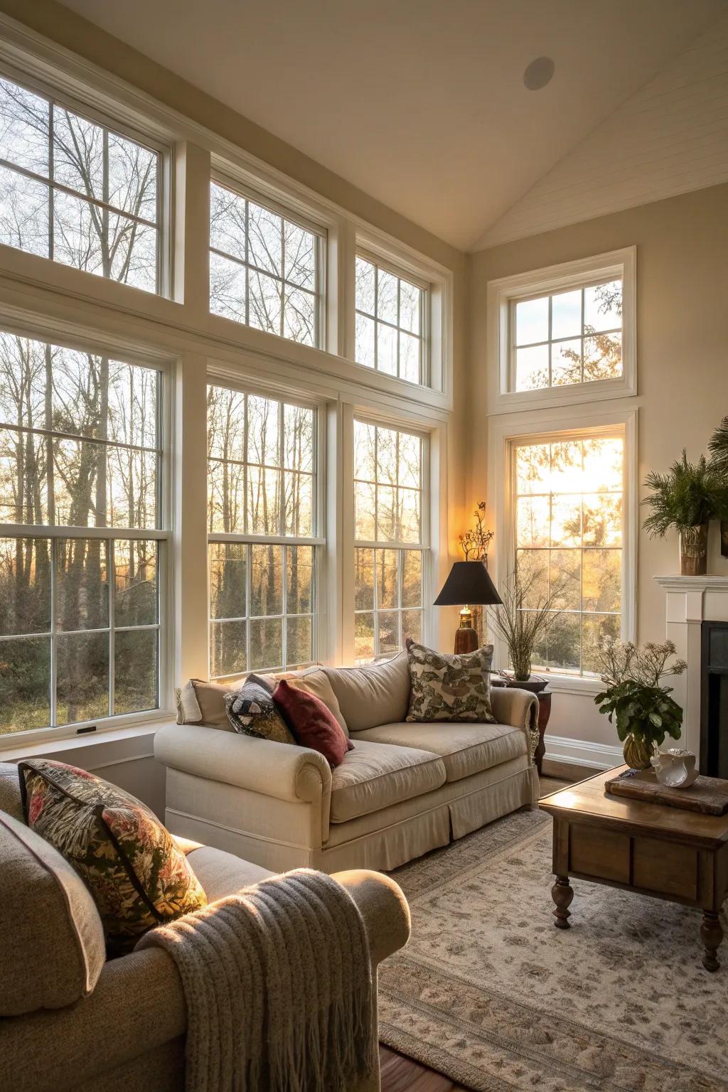 A luminous and expansive living room featuring amplified windows.