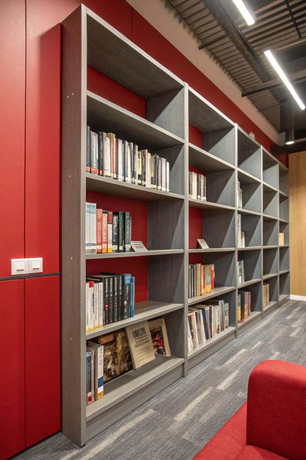 Bookshelves with crimson backing and grey shelves make a bold statement.