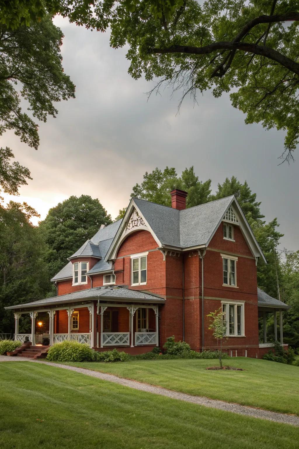 Pearl gray trim offers a subtle and serene complement to red brick.