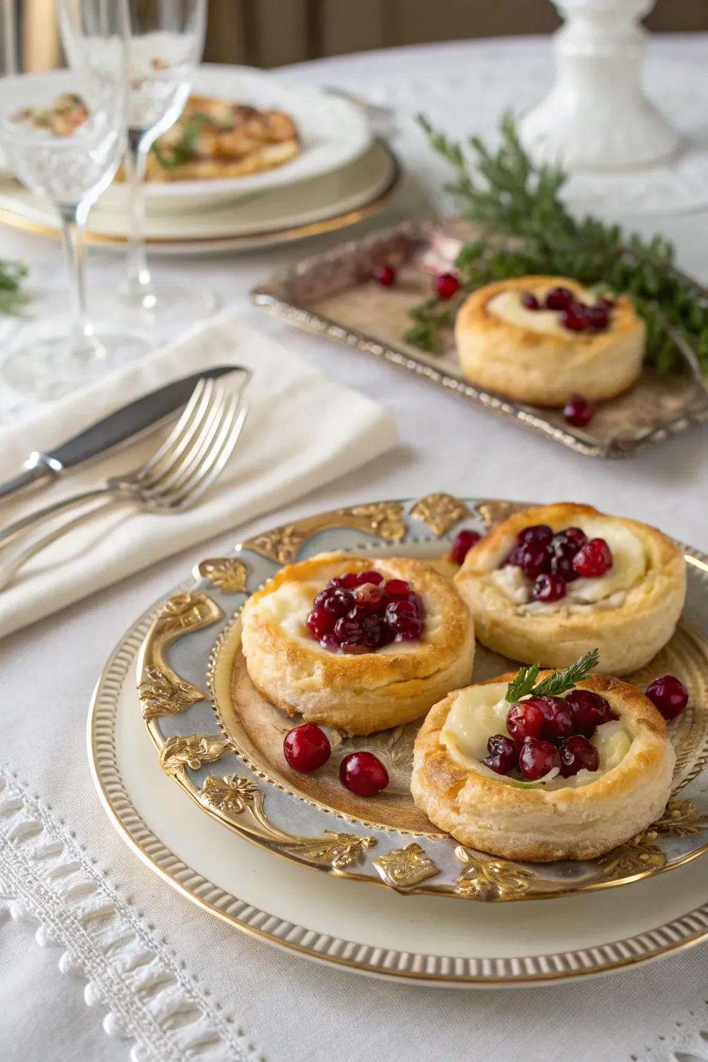 Cranberry and brie puff pastries bring a touch of elegance to appetizers.