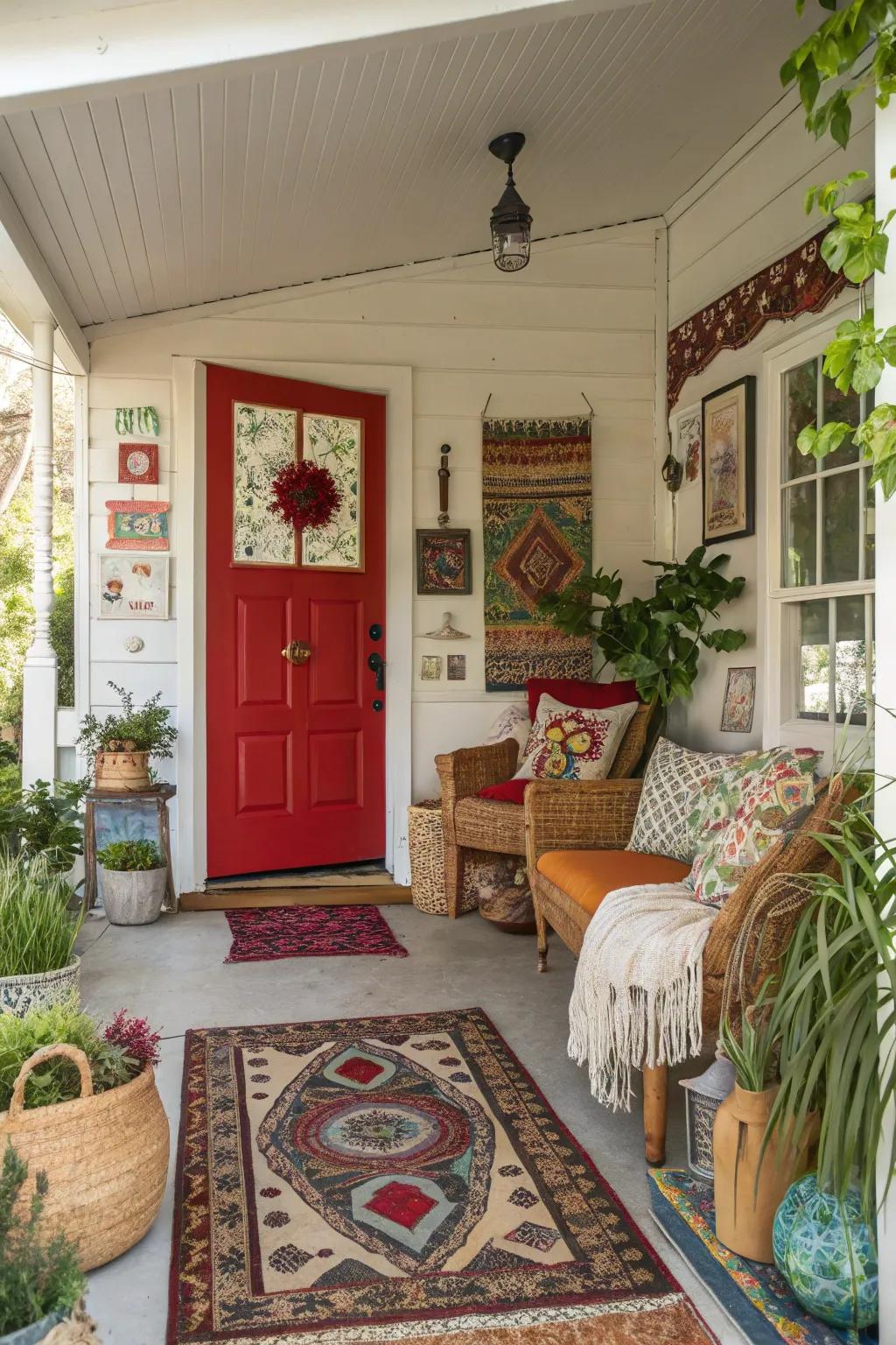 Bohemian home with a crimson door, full of artistic charm.
