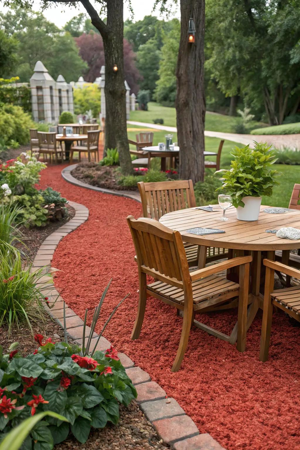 Vibrant mulch emphasizes outdoor dining areas, making meals feel special.