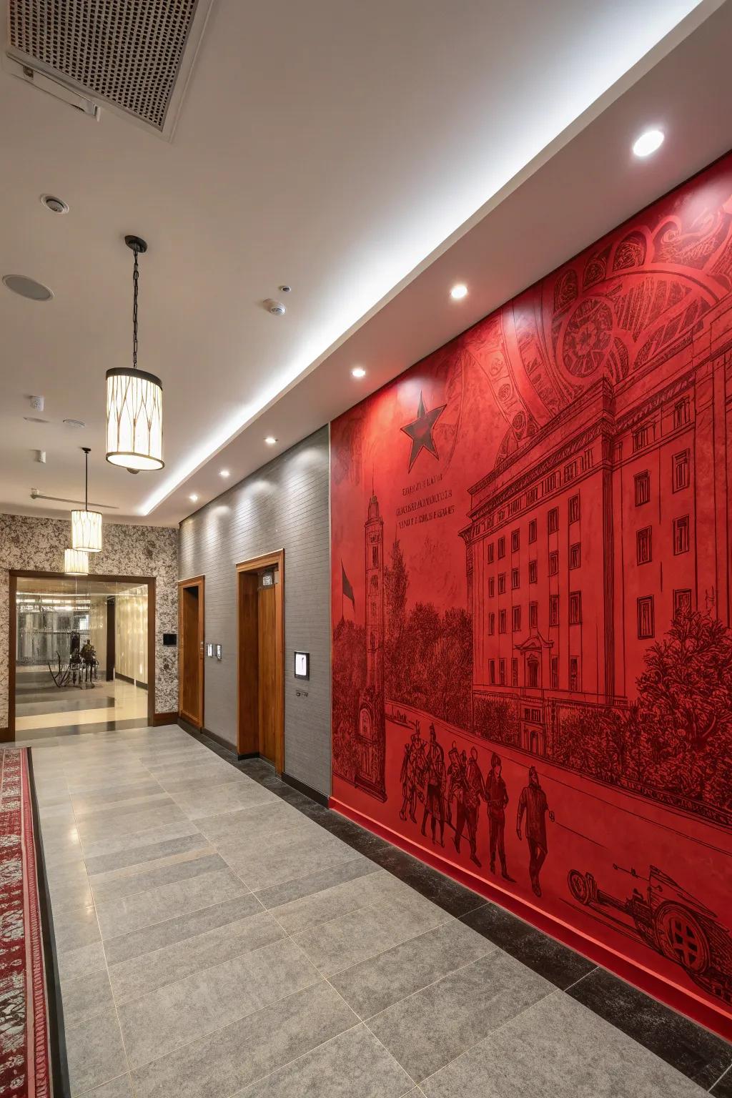 A rouge mural transforms a plain wall into a stunning piece of art.