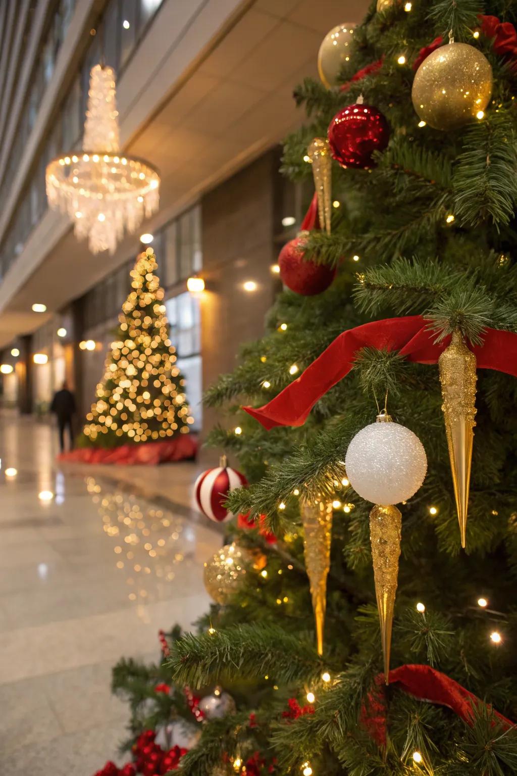 Gilded frosts introducing a shimmering impact to the festive tree.