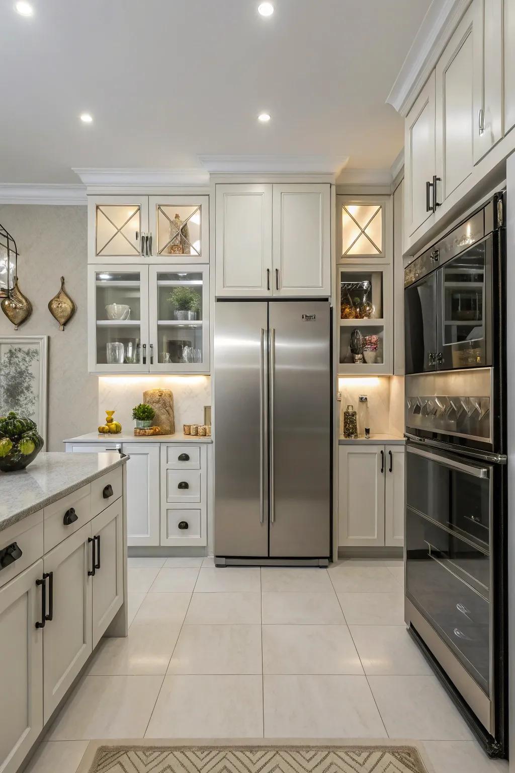 Symmetrical design surrounding the refrigerator renders a harmonious kitchen.