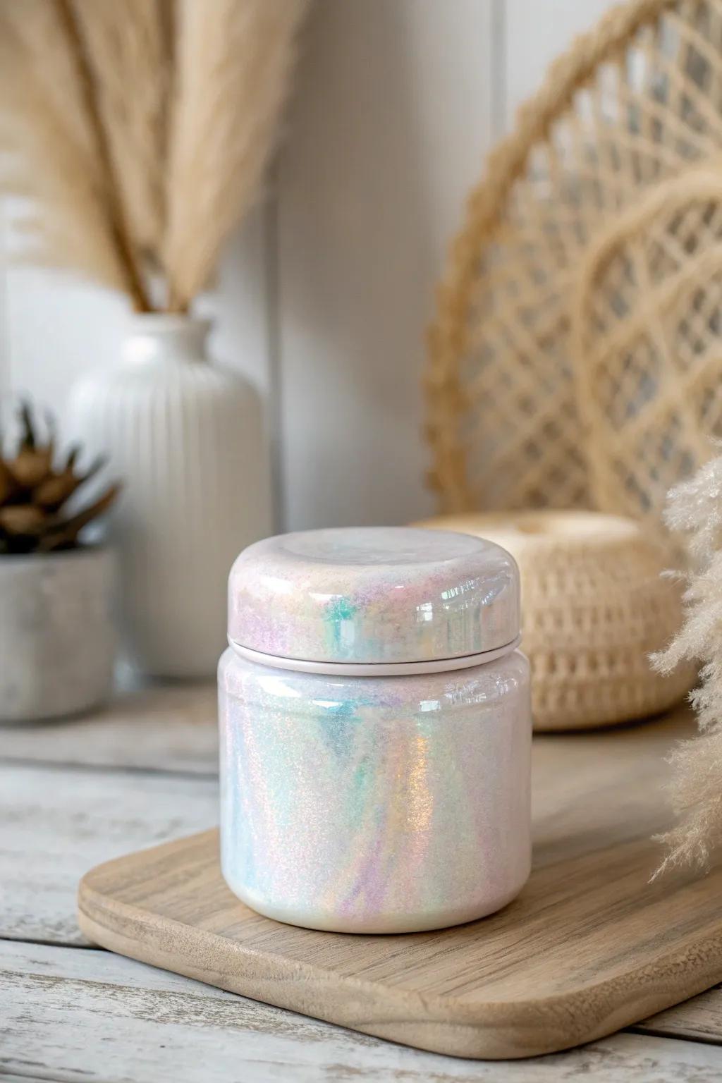 Celebrate the delicate shimmer of pearlescent refinement with this artisanal resin jar, impeccable for infusing a hint of minimalist sophistication into any space.