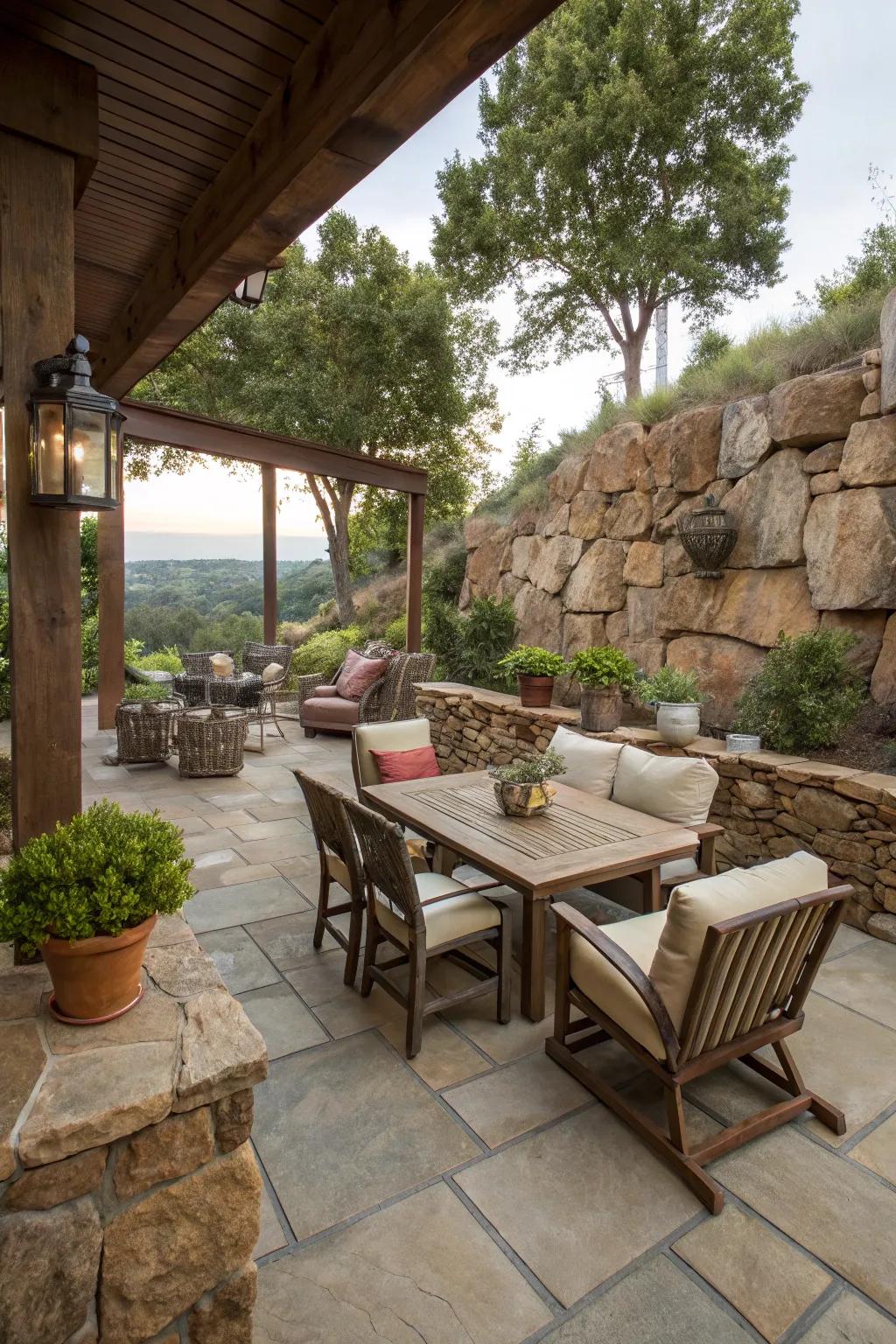 Augment courtyard space with stone structures for seamless outdoor living.