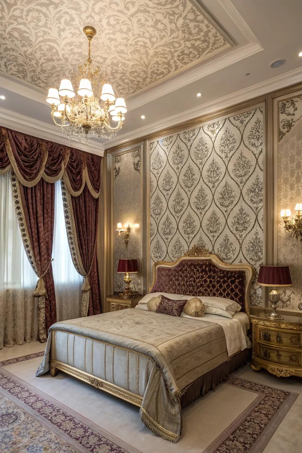 Elaborate wall decor sets a regal tone in this opulent bedroom.