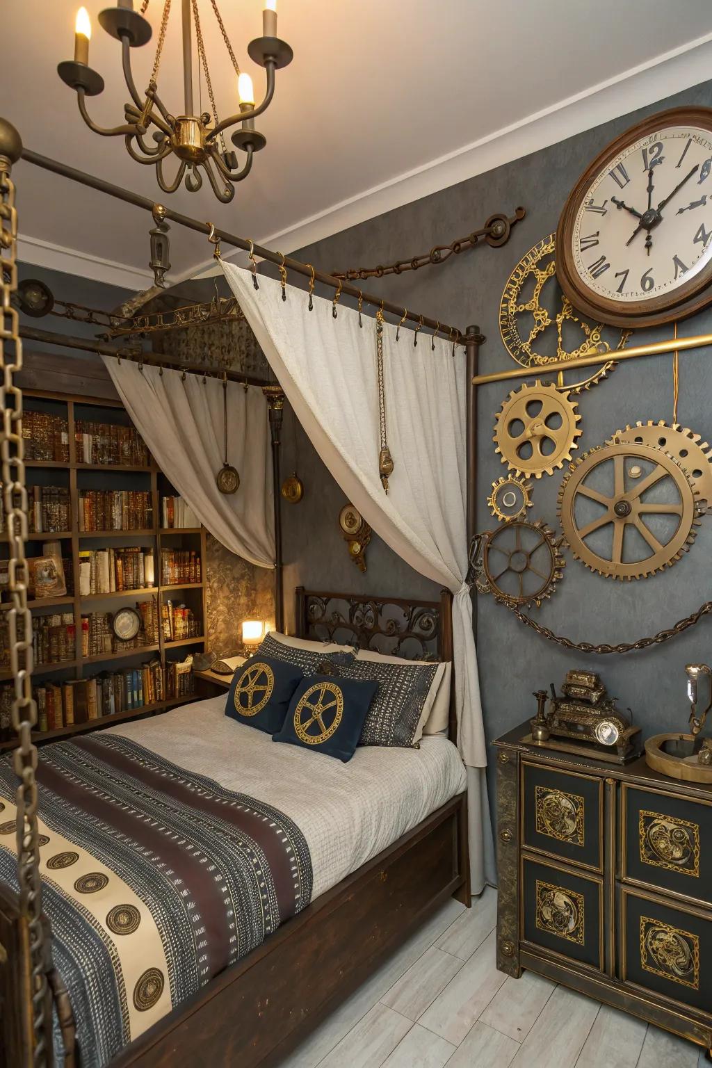 Steampunk accents add a playful twist to the Victorian Gothic boudoir.