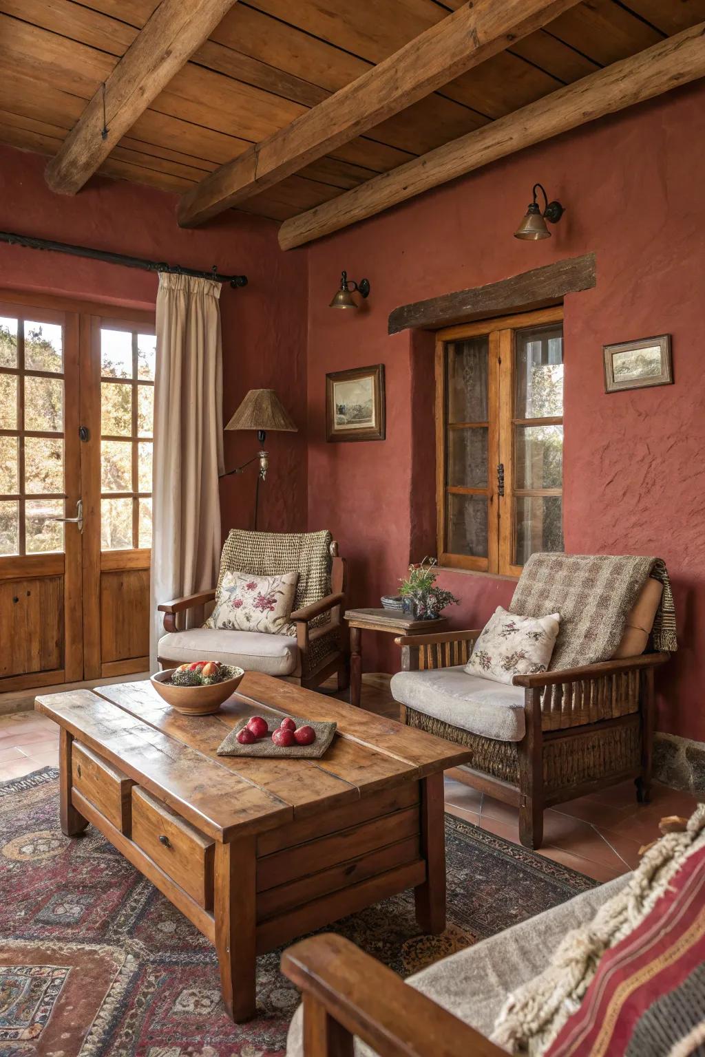 A rustic living room featuring muted red walls and cozy charm, crafting a space of warmth and inviting beauty.