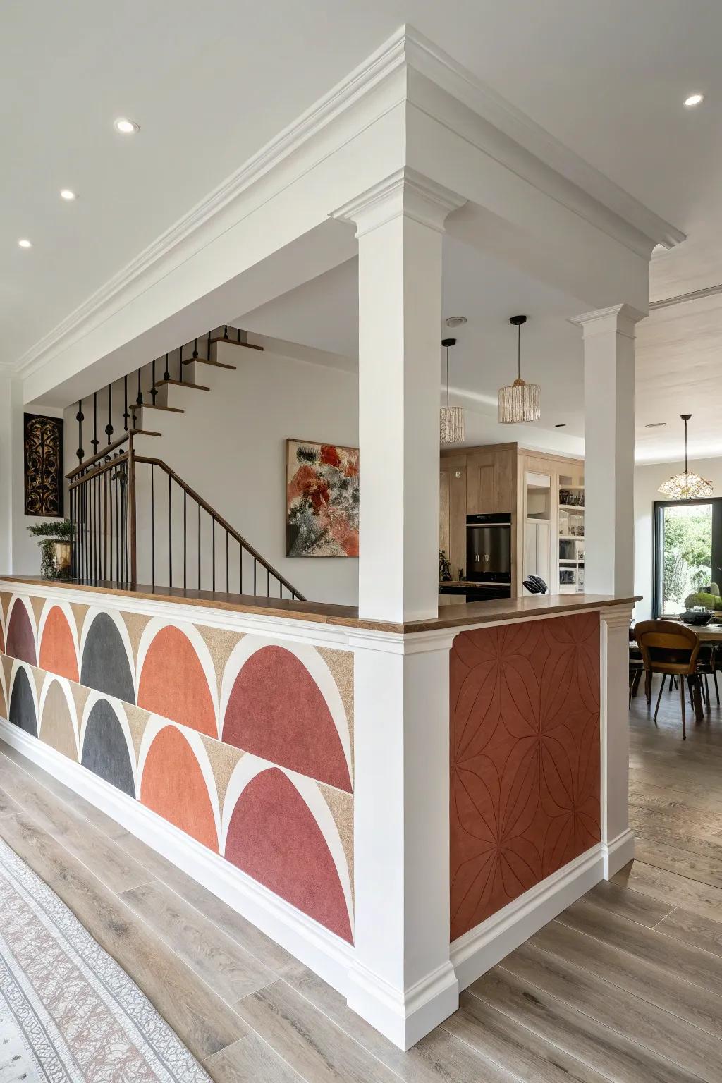 An interior featuring a half wall designed with bold, unconventional shapes as a striking focal point.