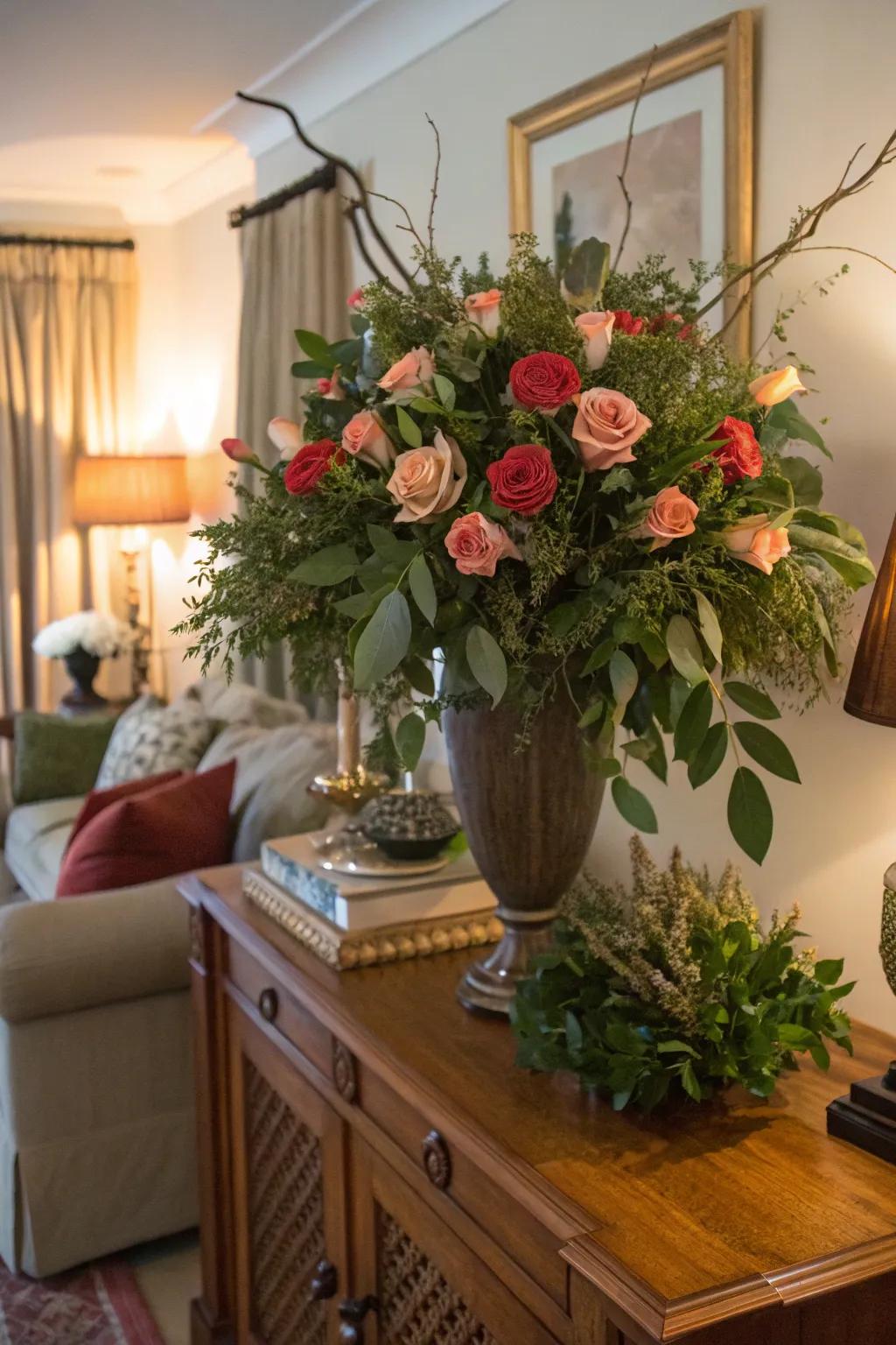 Lavish and abundant featuring stratified roses and verdure.