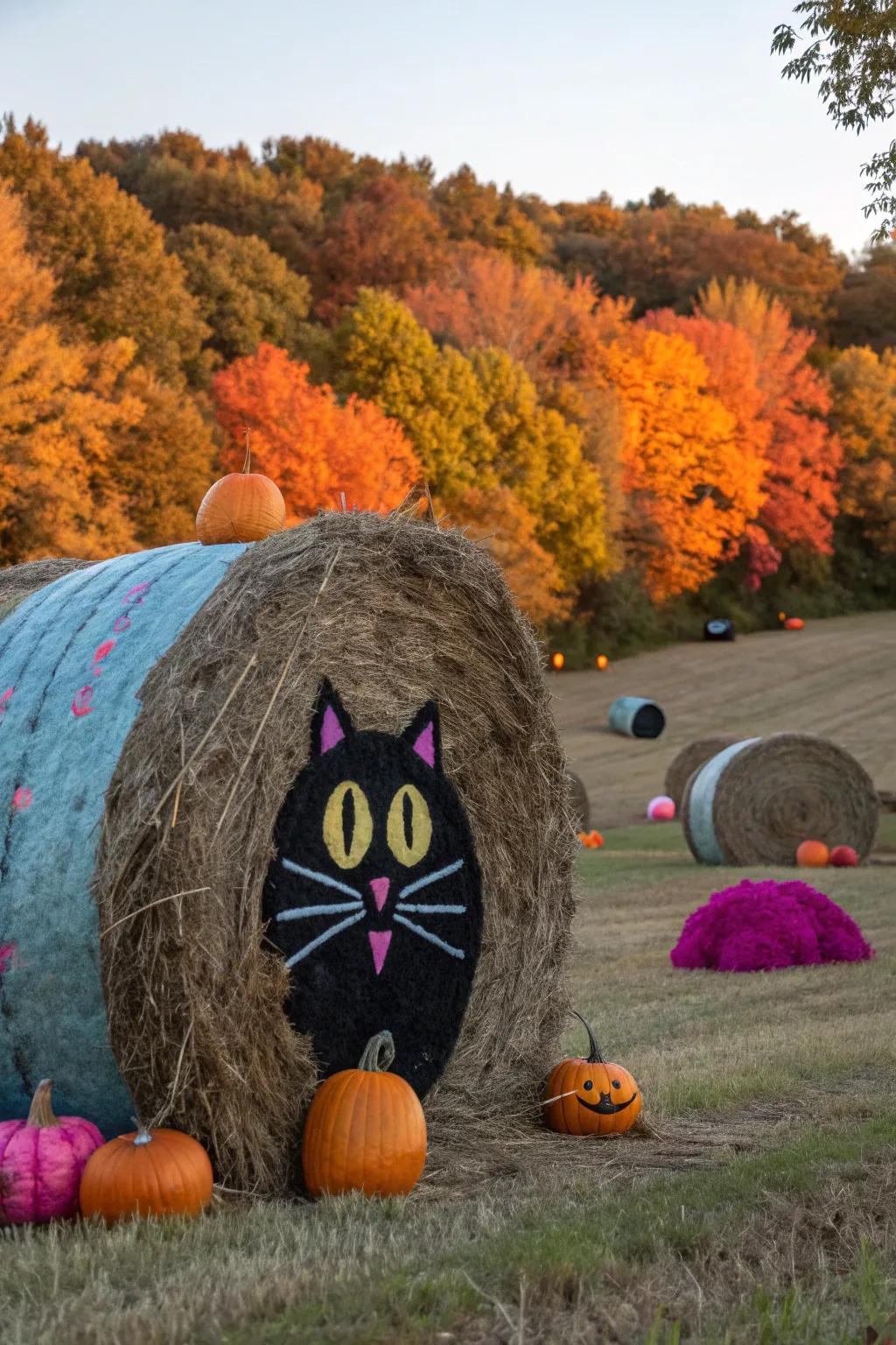 Impart a mysterious charm upon your Halloween adornments through these playful ebony feline hay bales.