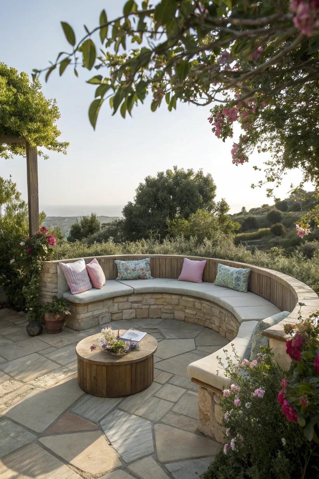 A curved bench adds both style and comfort to this round patio.