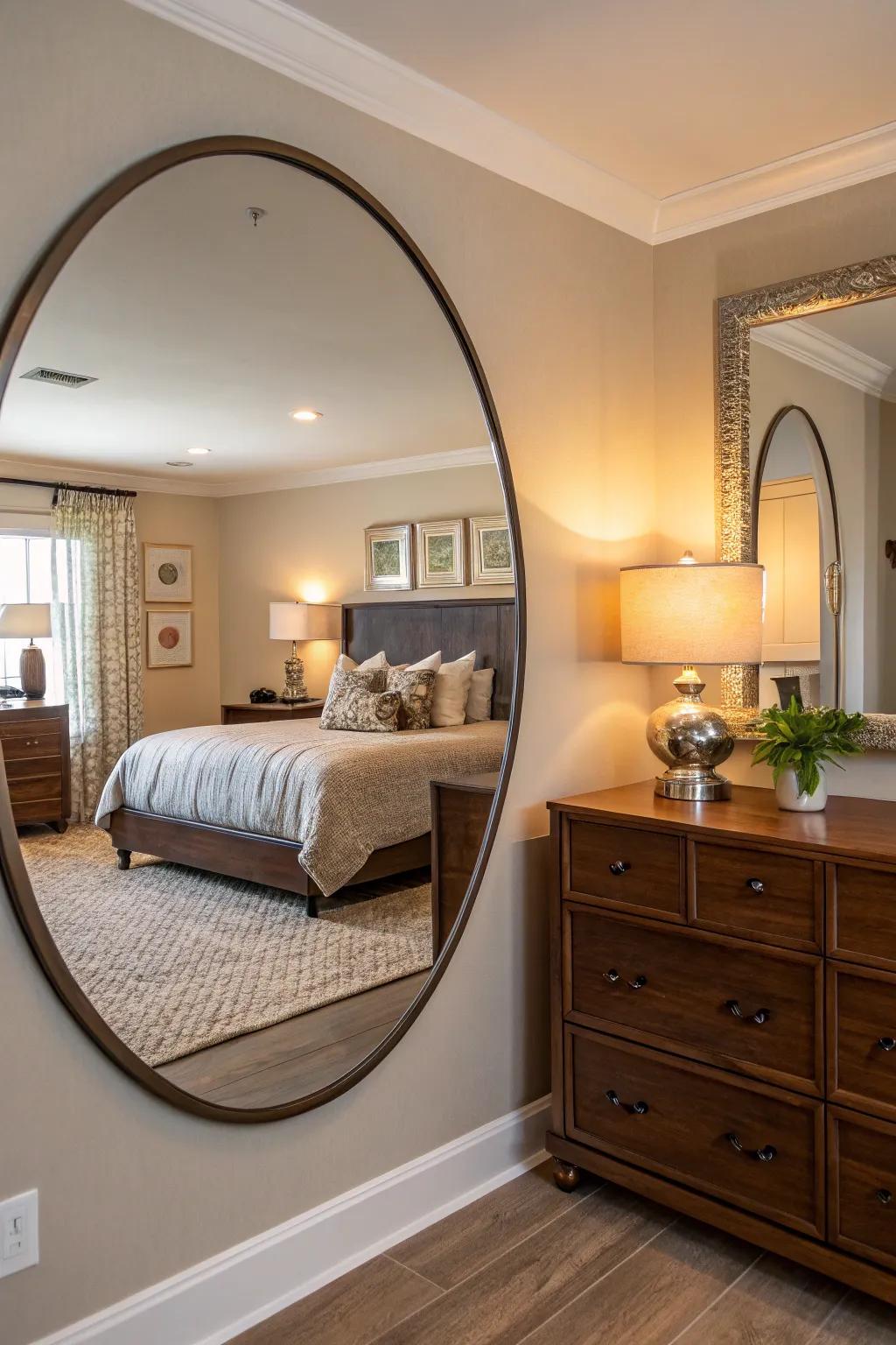 A bedroom showcases an expansive circular reflection that enhances the sense of space.