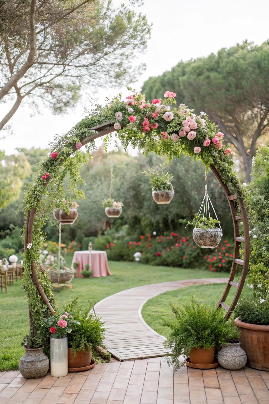 A garden-inspired circular wedding arch featuring hanging features.