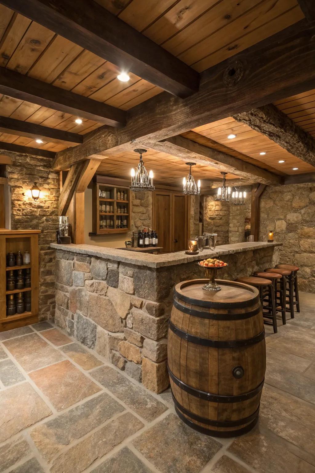 A cask repurposed as a sink foundation, injecting a countryside-inspired and inventive element.