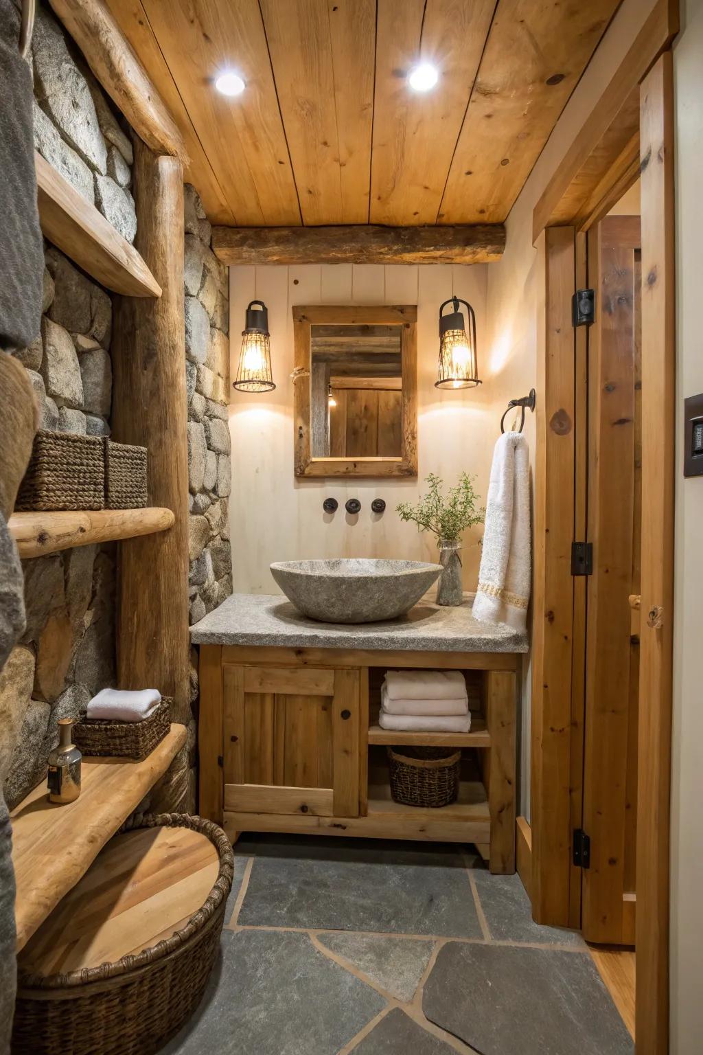 Natural materials transform a washroom into a rustic retreat.