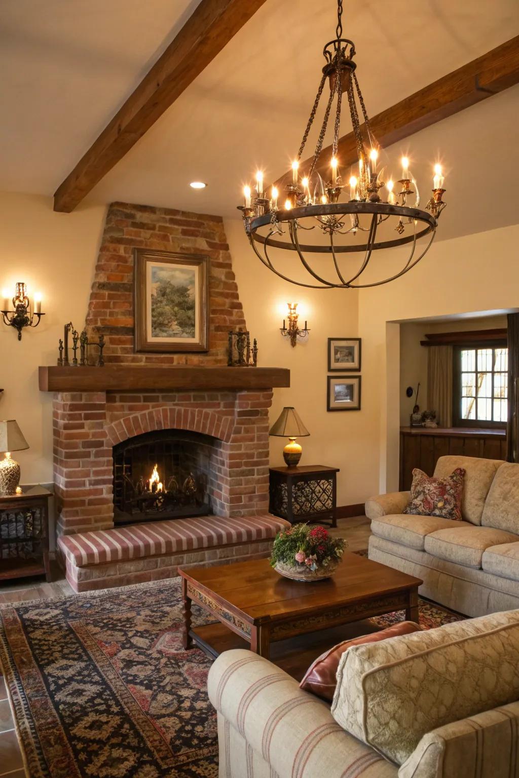The atmosphere around your fireplace is enhanced by vintage lighting fixtures.