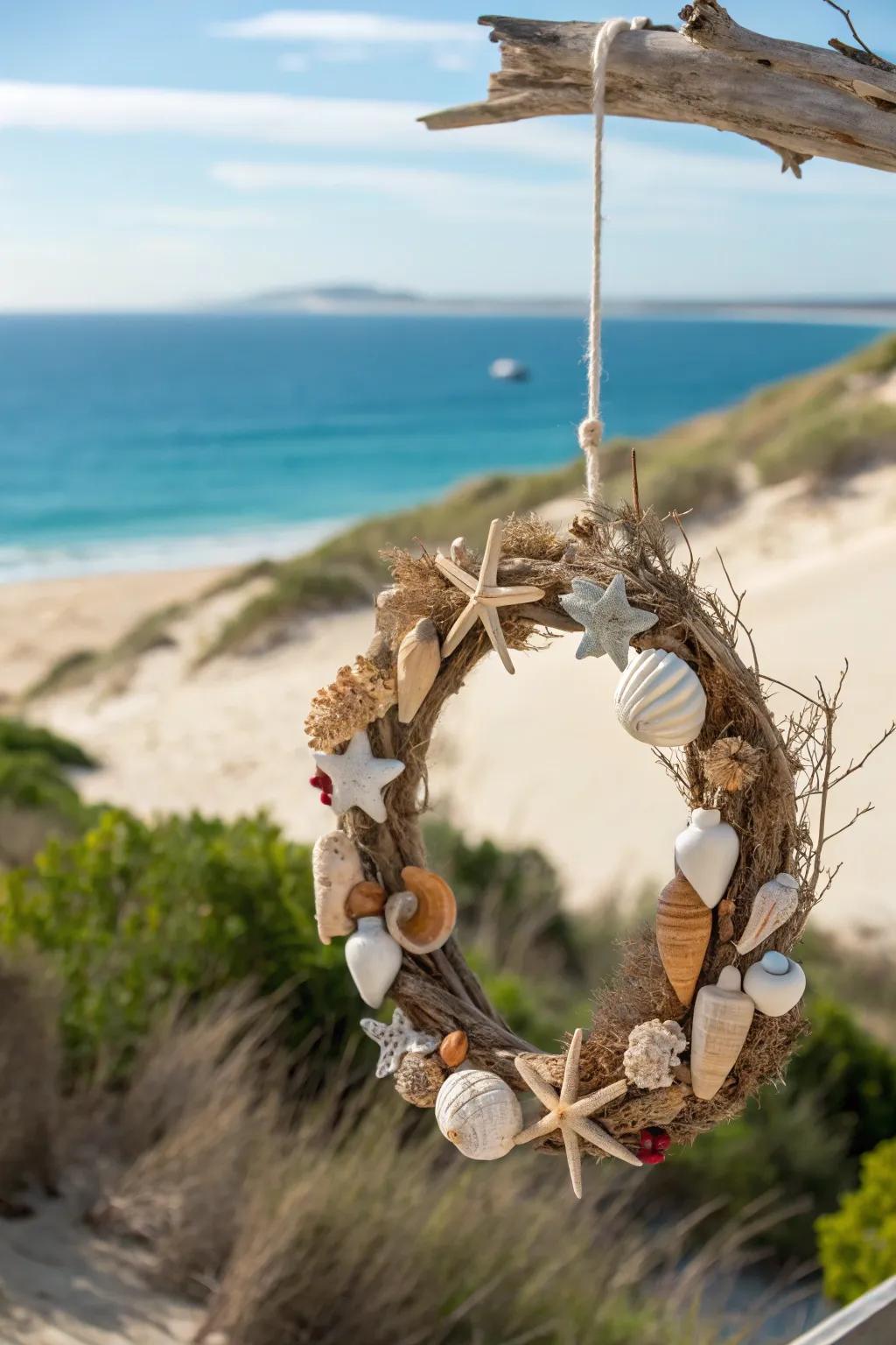 Seashells and timber remnants realize a coastal Christmas ambiance.