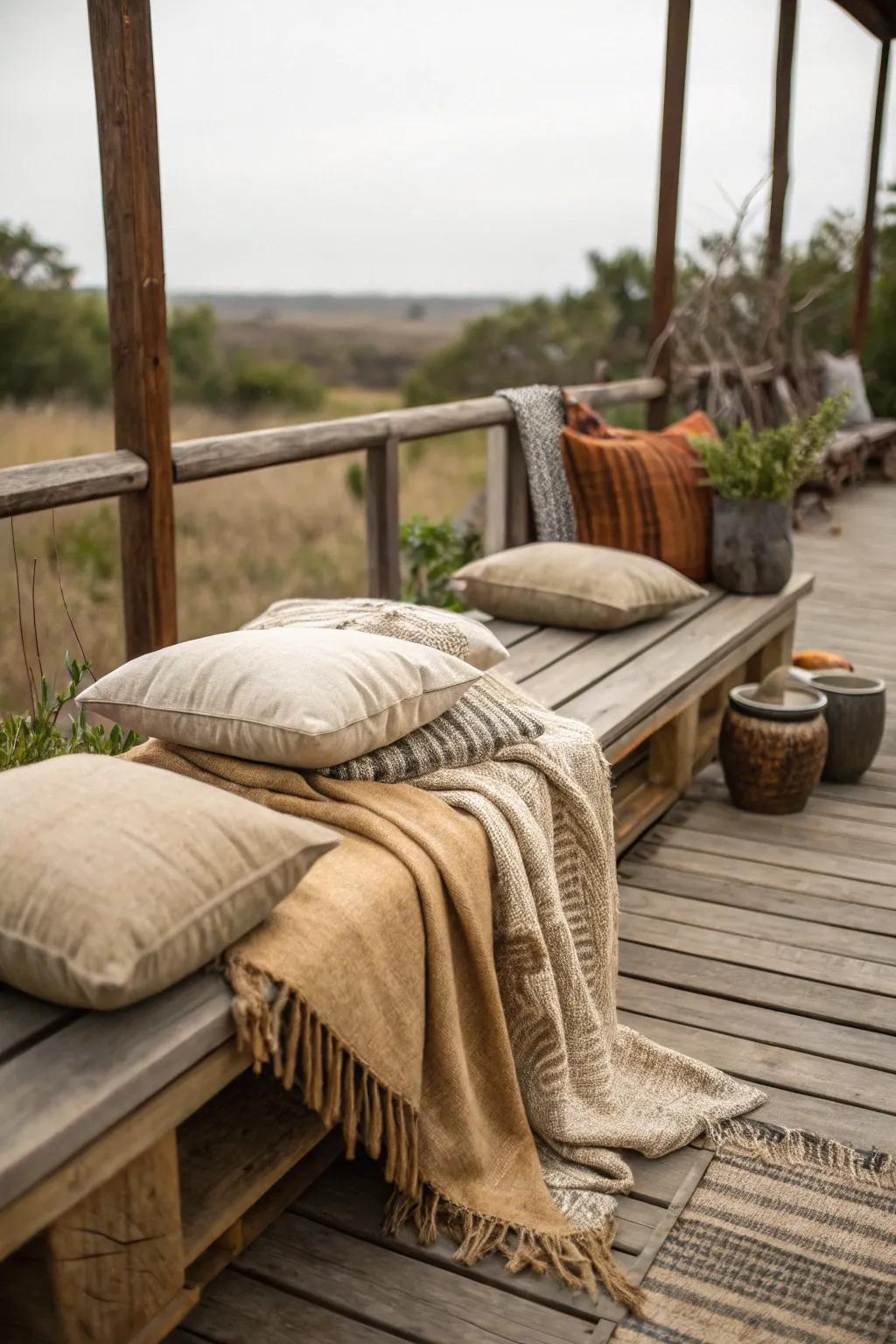 Natural textiles add softness and a countryside touch to this patio.