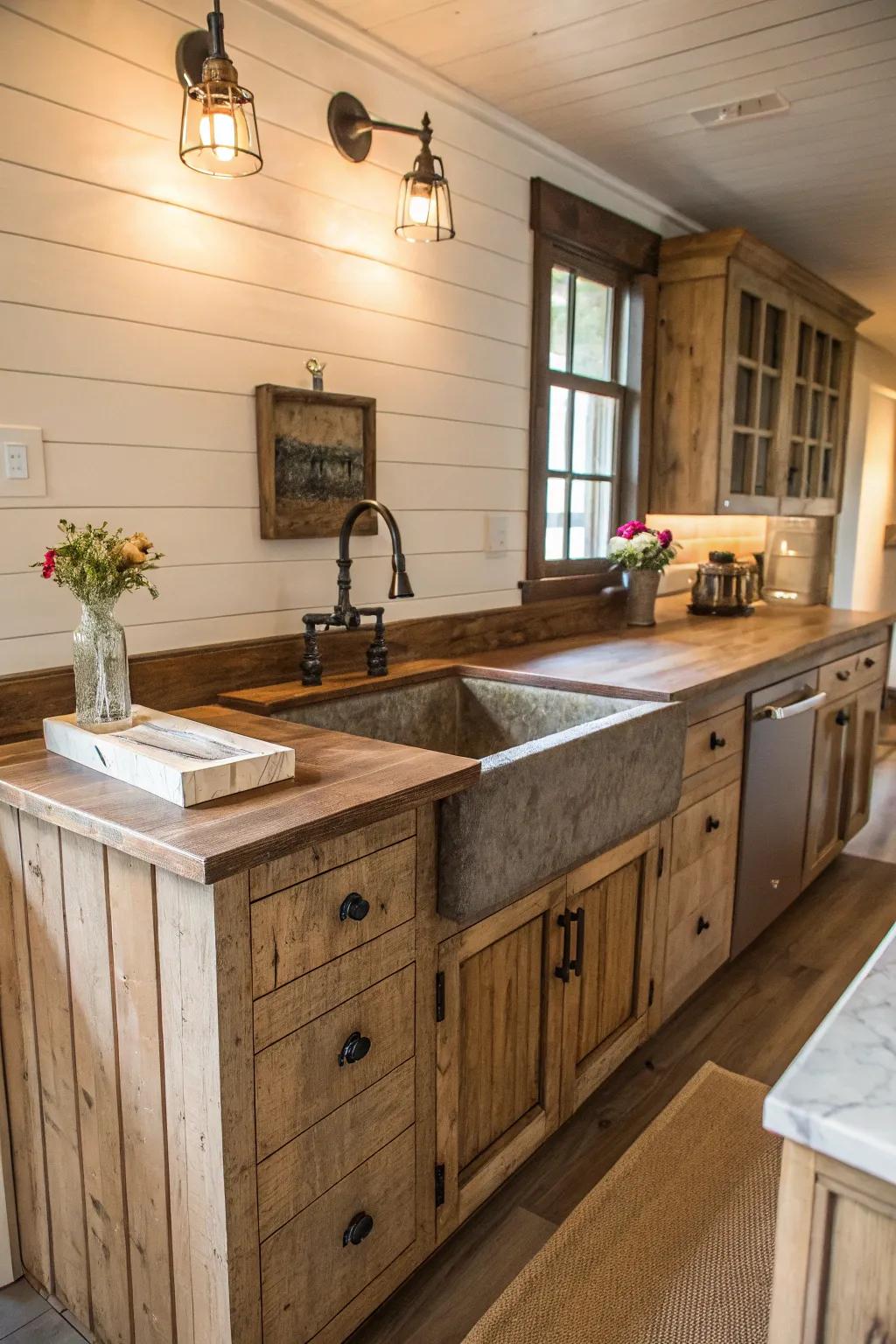 A farmhouse kitchen island exhibiting horizontal paneling to enhance texture.