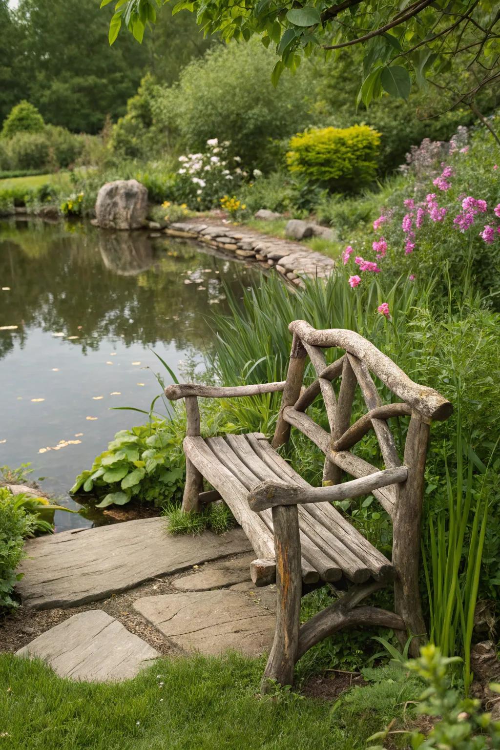 A garden bench made with seashore wood, exuding coastal charm.