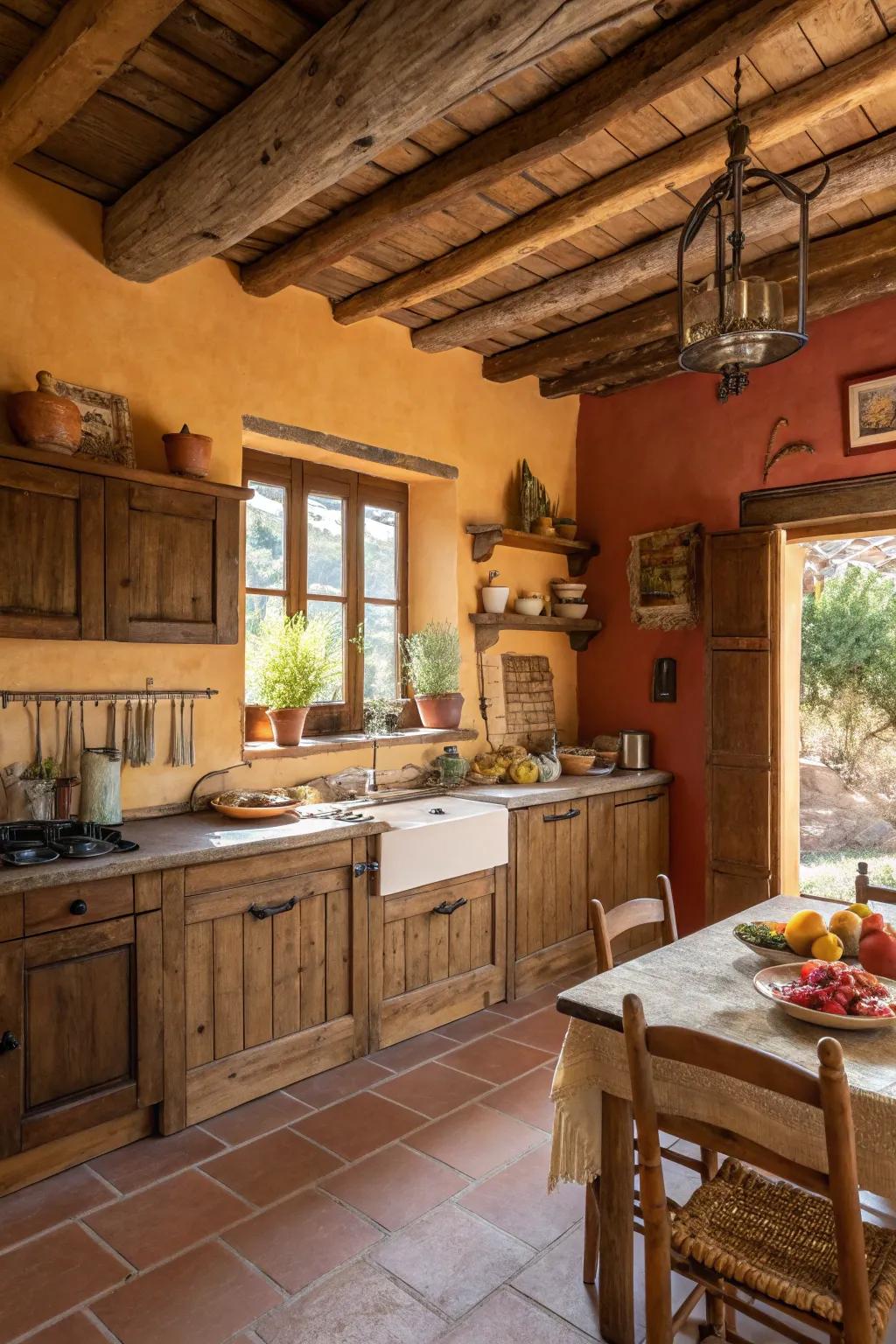 Warm, hushed tones create a weathered beauty in this kitchen.