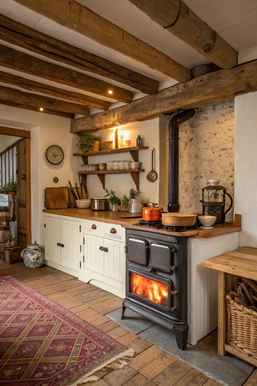 A wood-burning heater brings warmth and vintage charm to the kitchen.