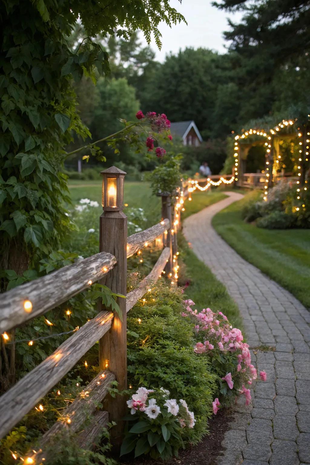 Fairy lights add an ethereal touch to a rail fence, creating a magical evening retreat.