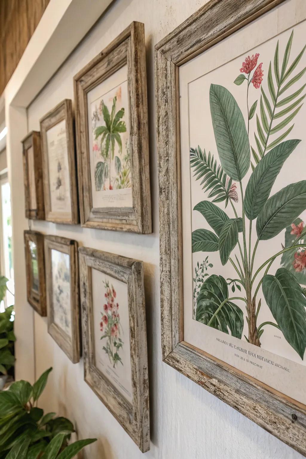 Plant-based prints in country frames introduce a touch of nature indoors.