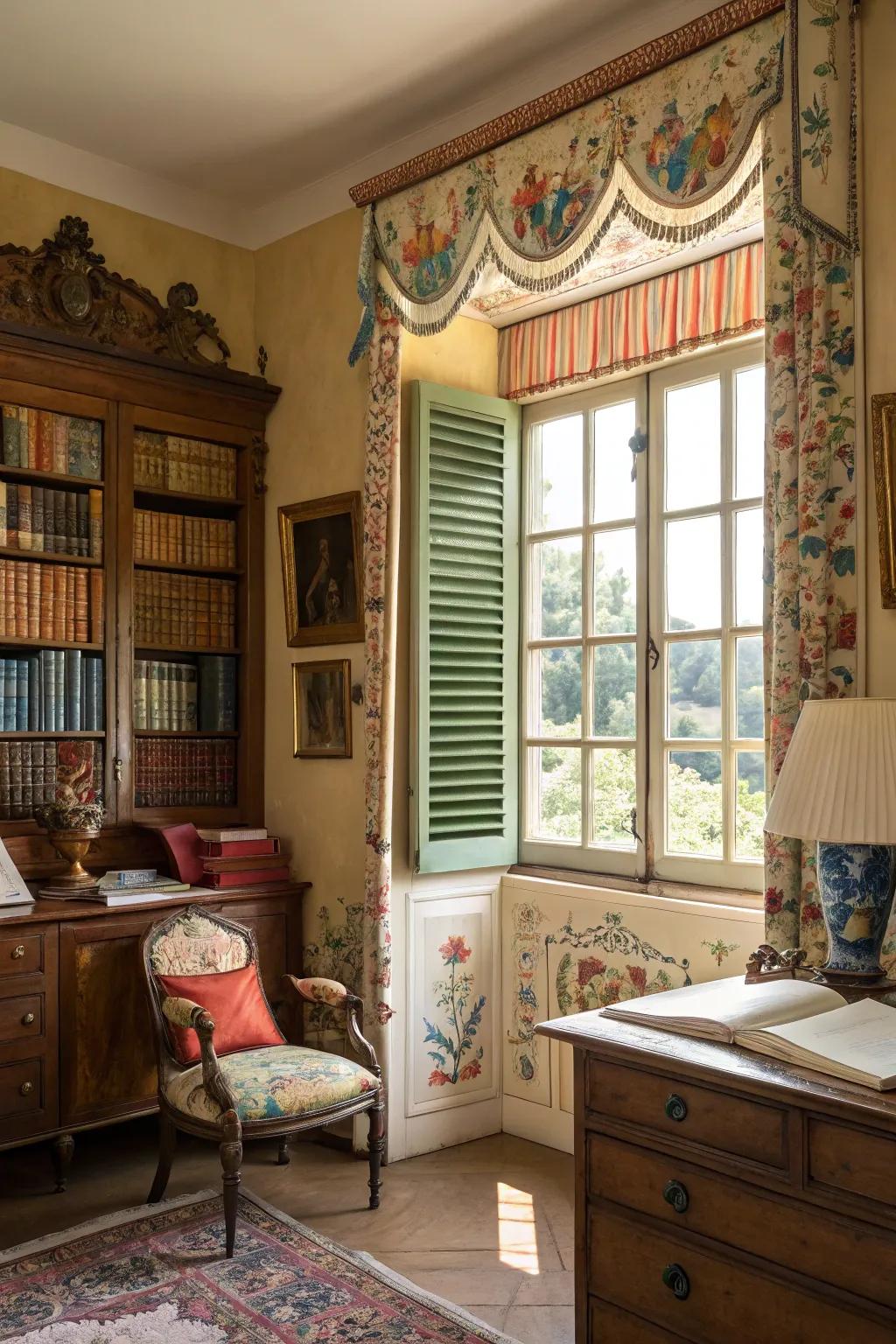 A vintage-style study featuring a painted shutter valance, providing a touch of color and appeal.