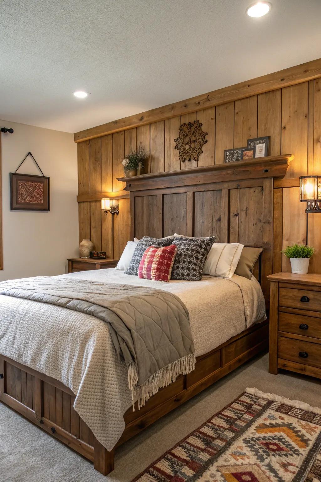 Paneling as a bed frame replacement appends texture and intrigue.