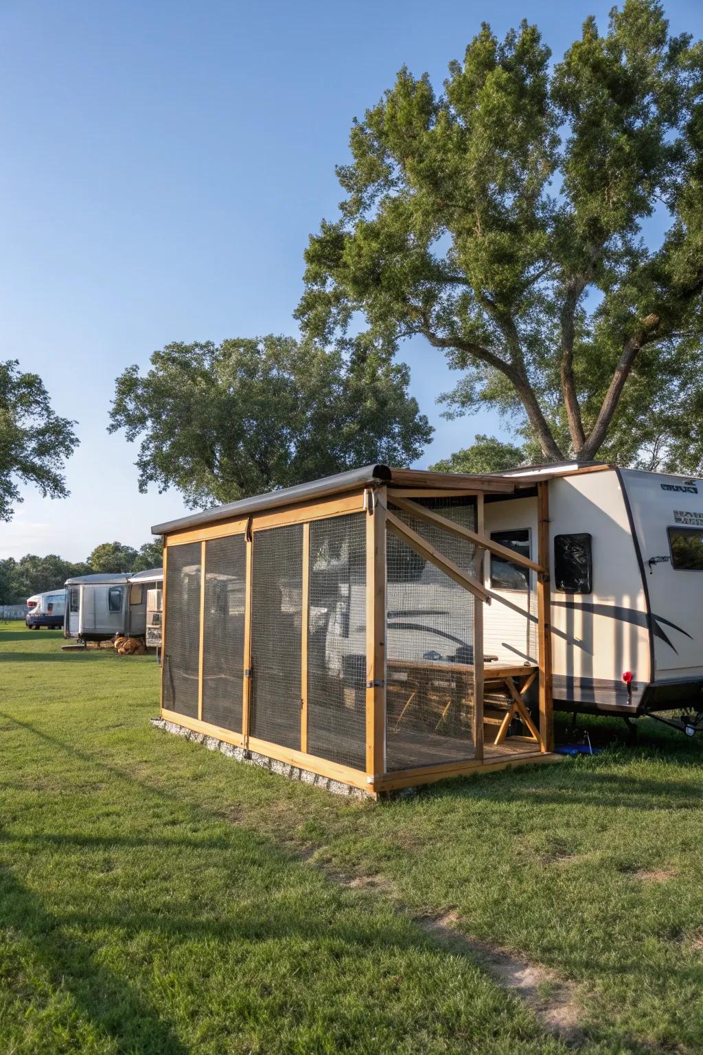 A screen enclosure provides a comfortable, bug-free zone.