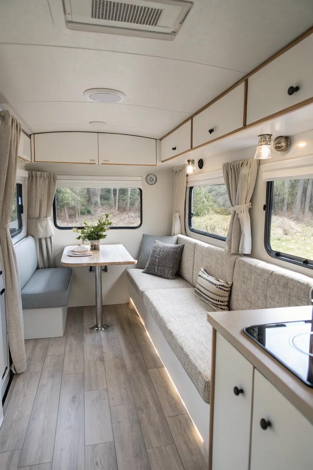 Minimalist serenity contributes to the enhancement of both concentration and tranquility within this recreational vehicle.