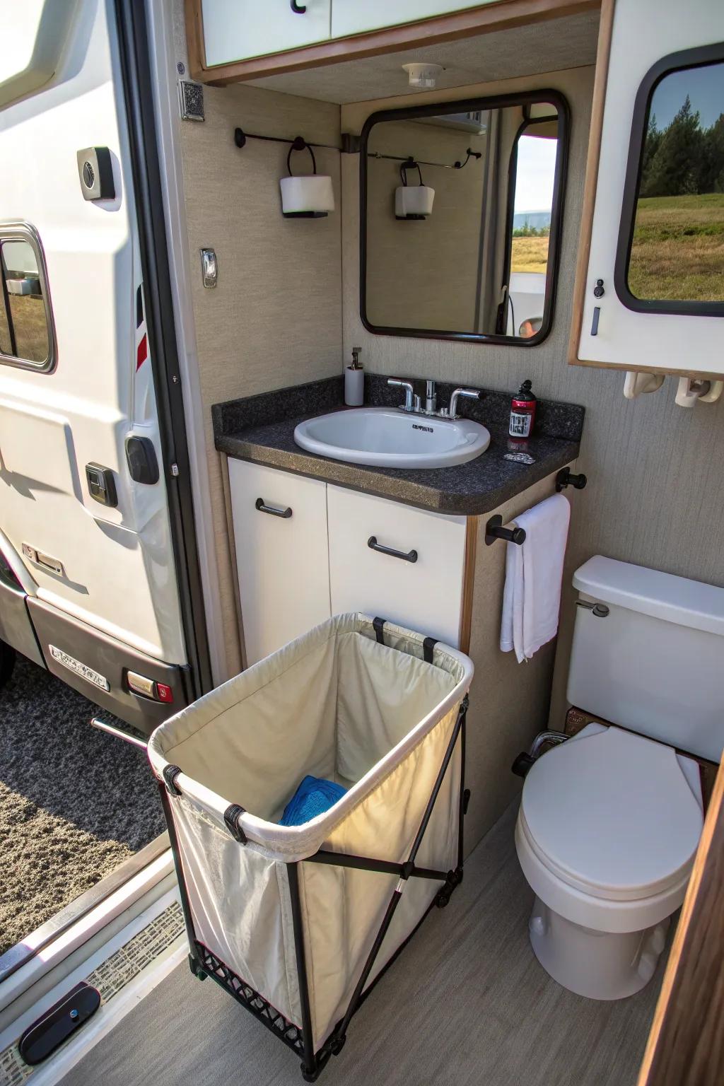 An over-the-sink hamper ideal for drying wet laundry in an RV.