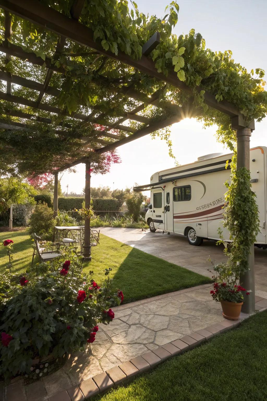 A pergola-style RV shed offering partial shelter and charm.