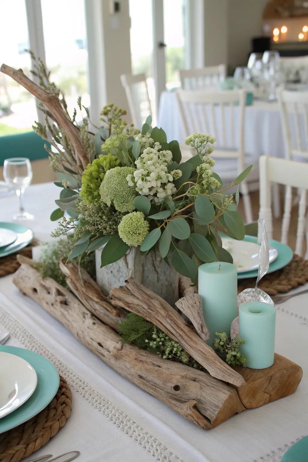 A coastal-inspired centerpiece with sea-wood and sage green for a relaxed vibe.