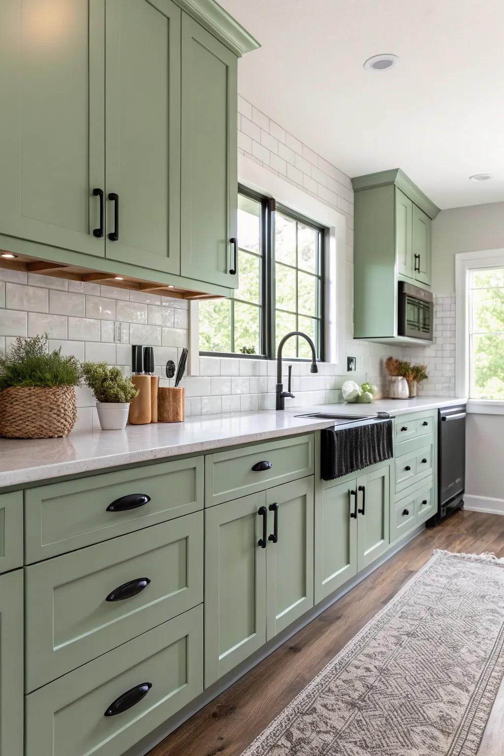 Onyx touches fashion a bold juxtaposition with sage green.
