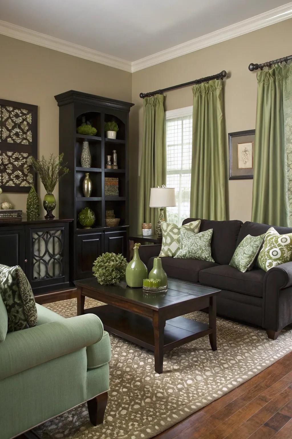 Striking contrasts append dynamic flair to a sage green living area.