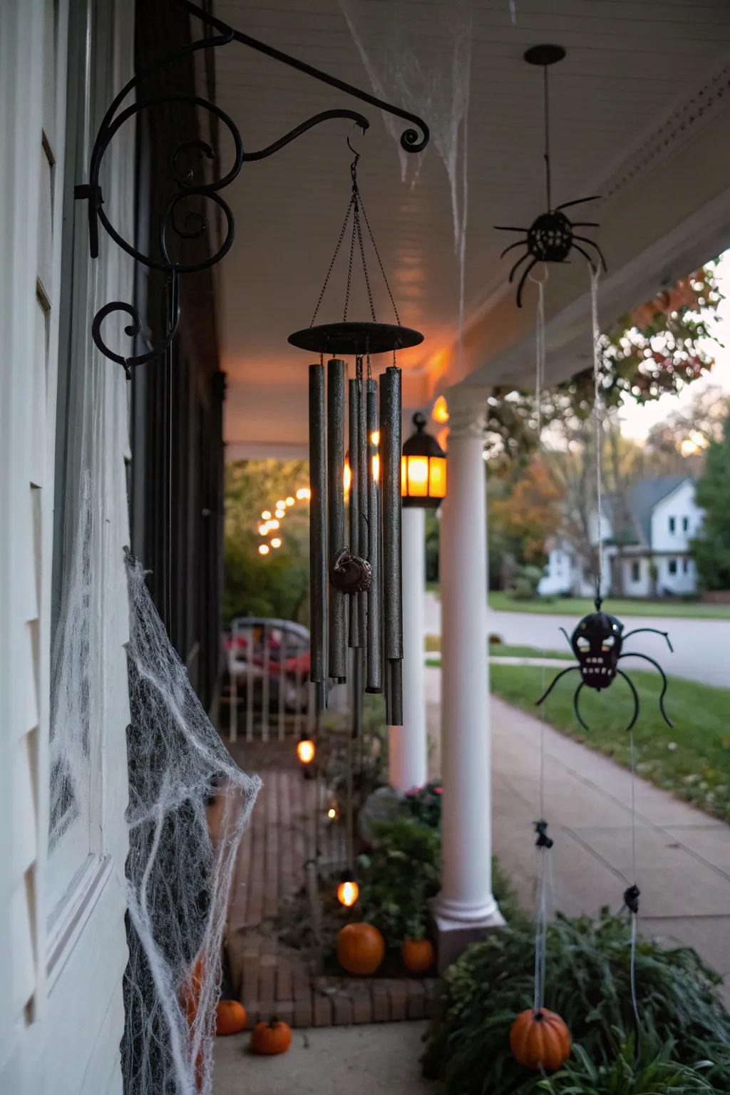 Murmuring wind instruments inject a haunting sound into the Halloween veranda.