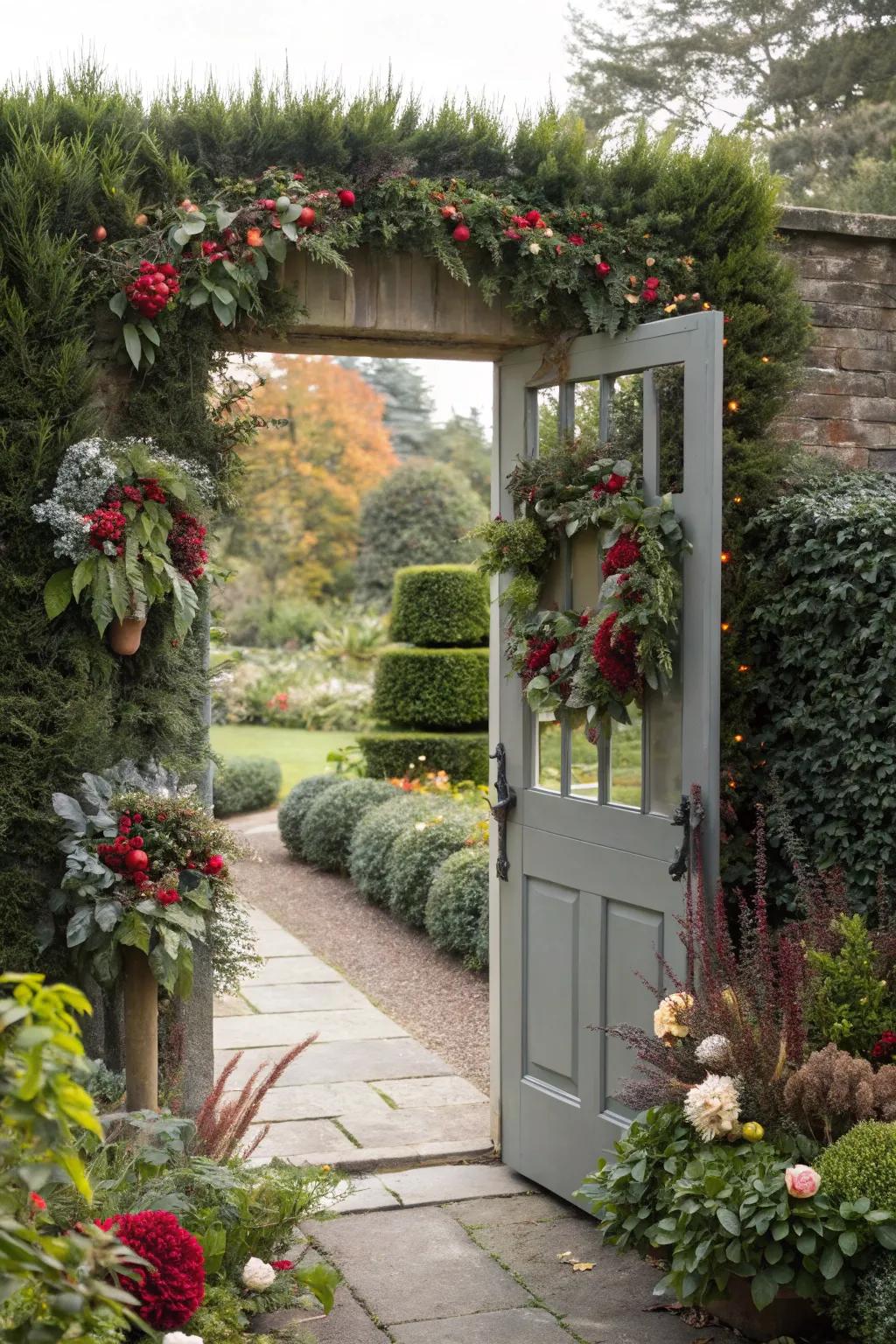 Periodic adornments maintain this garden portal fresh and inviting year-round.