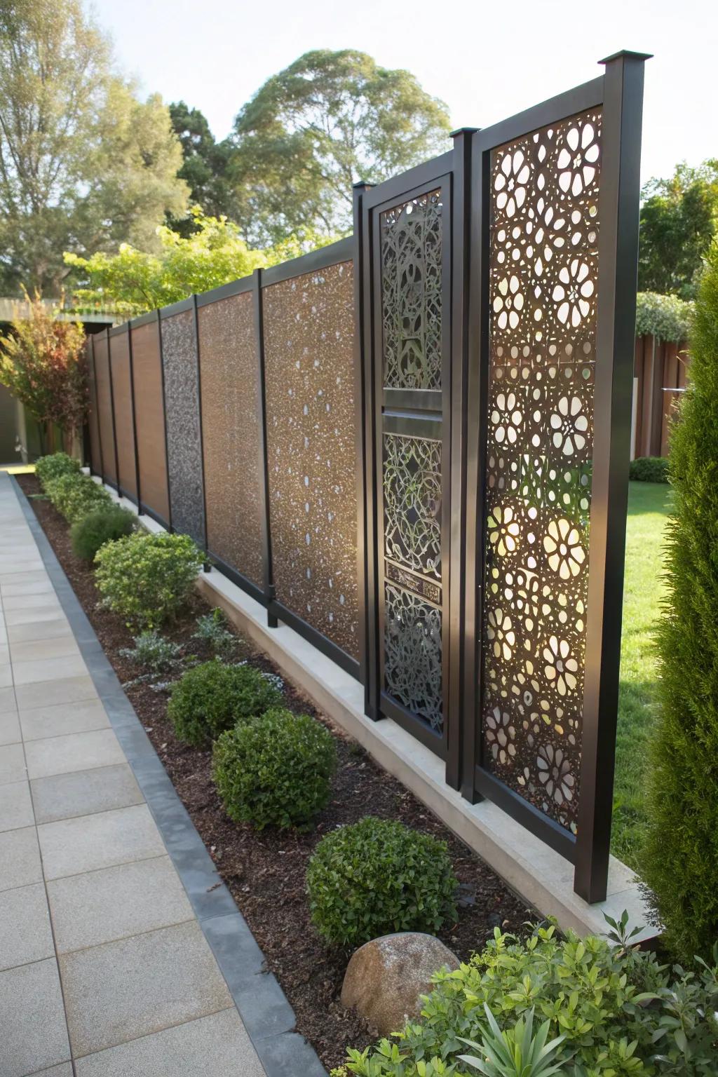 Intricate laser-etched screens infuse artistry and elegance into this contemporary garden space.