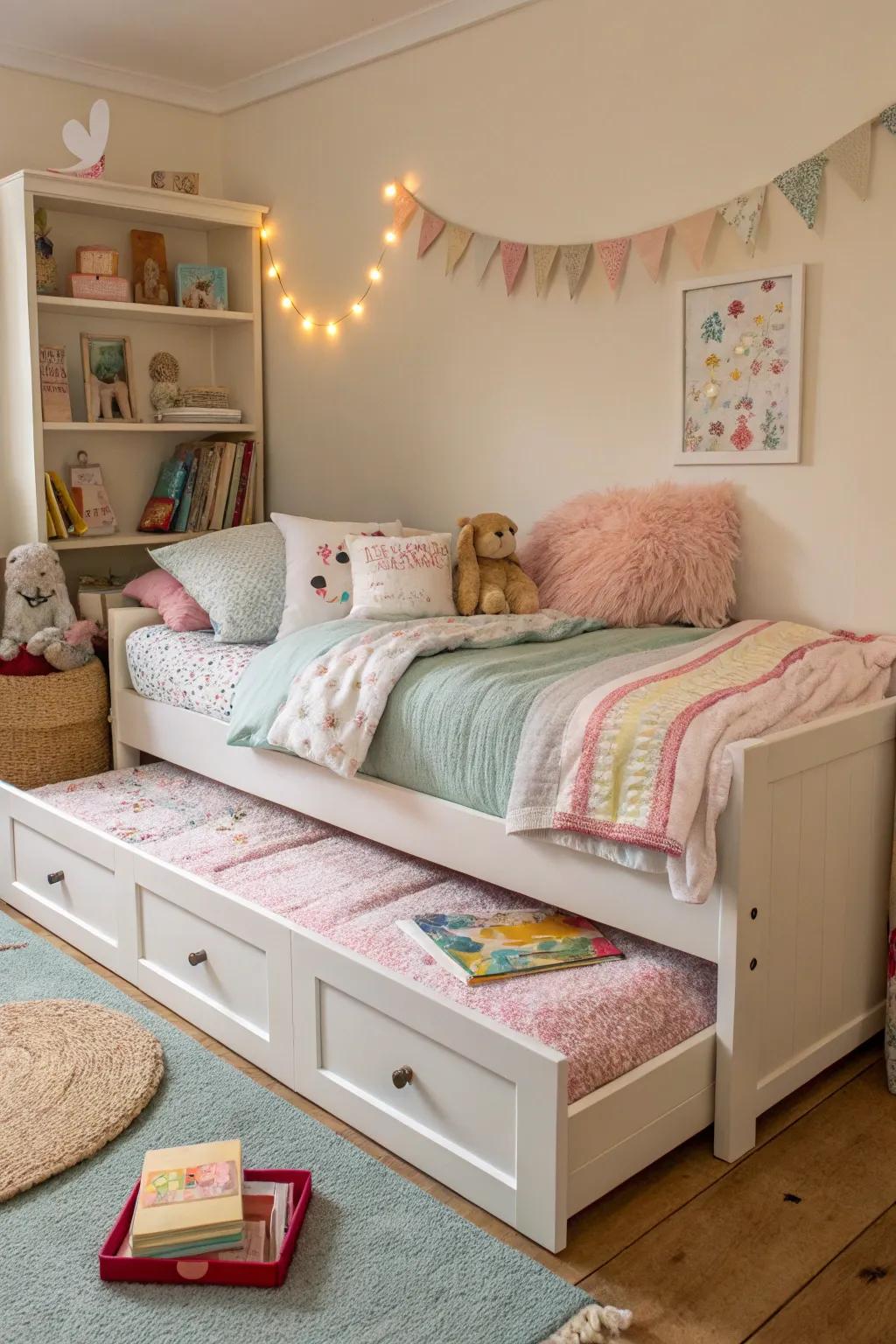 A rollaway bed adds flexibility for sleepovers.