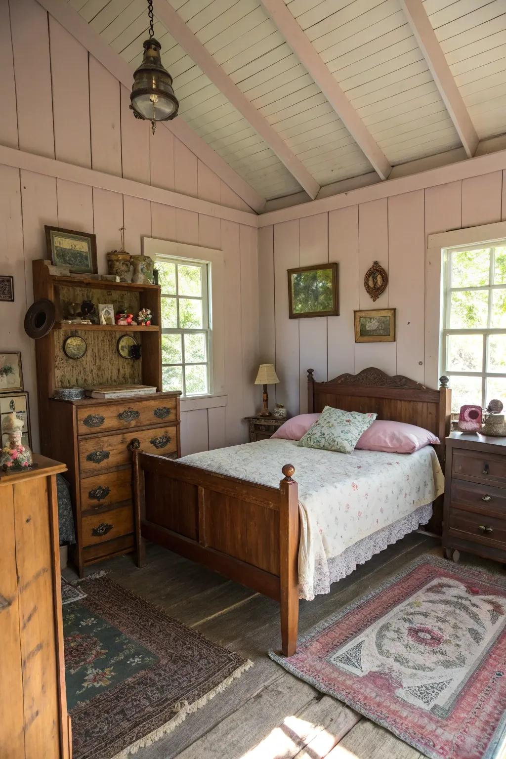 Vintage treasures enhance your shed bedroom with character and allure.
