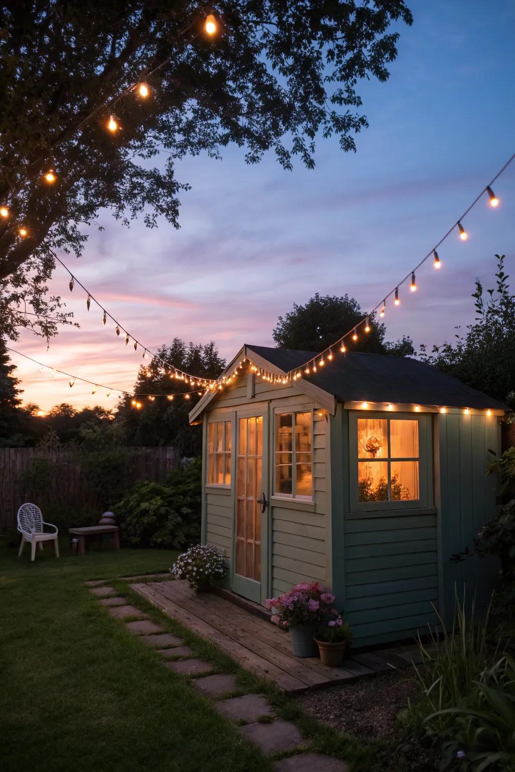 String lights create a magical nighttime ambiance.