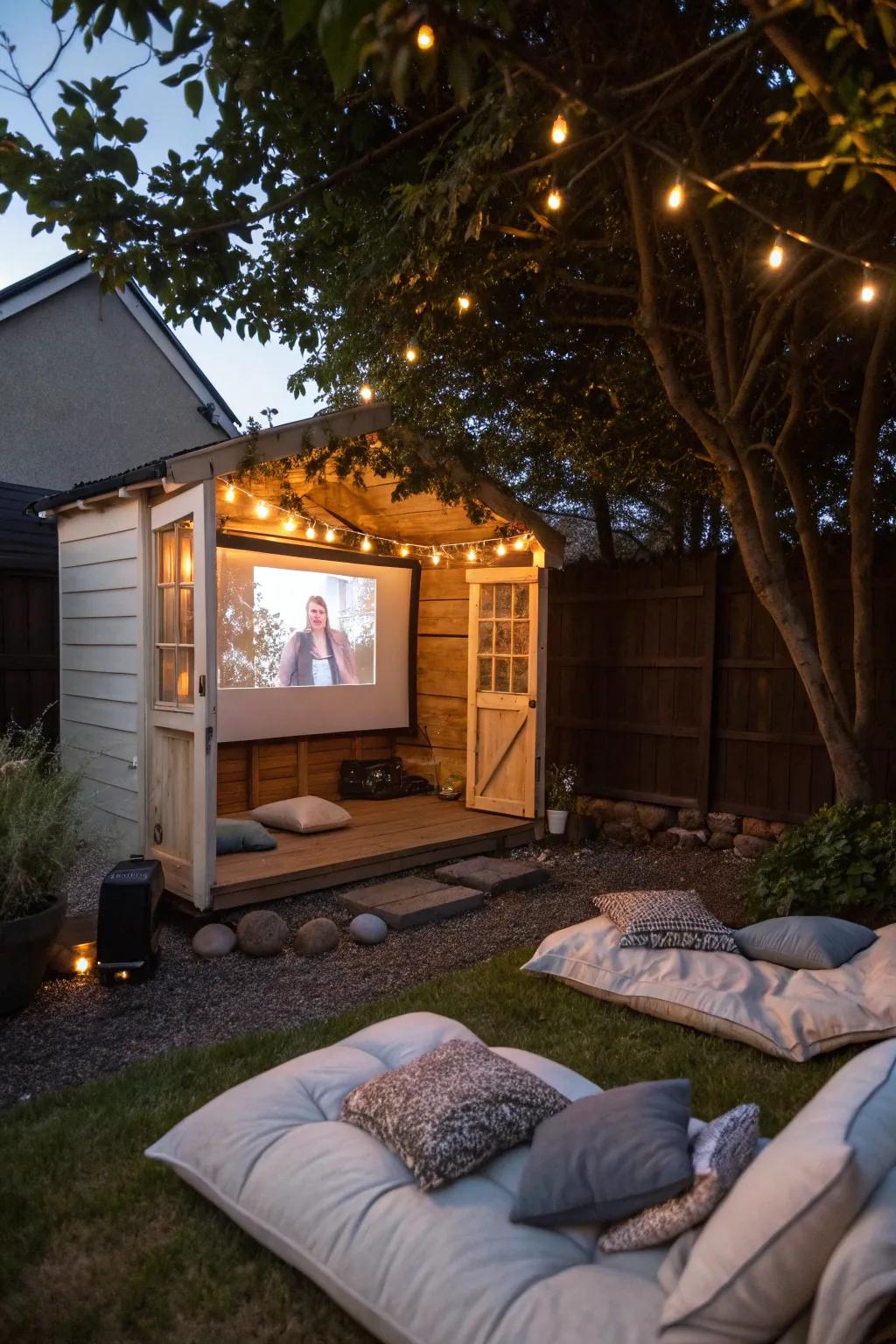 A yard outbuilding transformed into an outdoor theater for magical movie evenings.