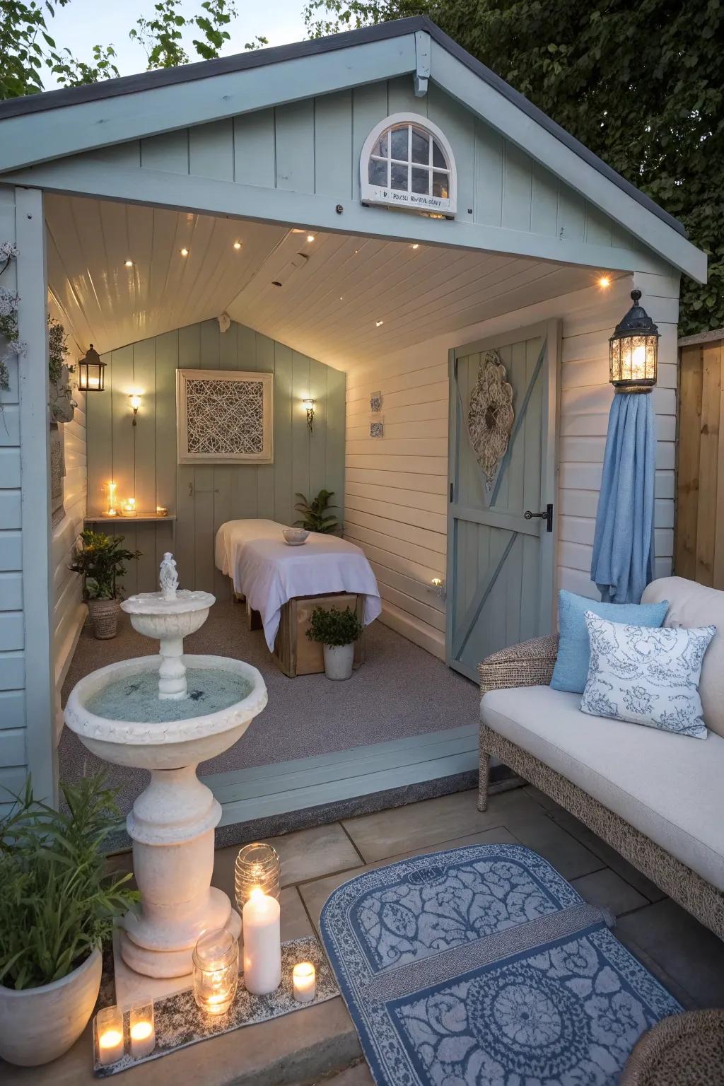 A shed dwelling interior fashioned as an opulent spa getaway.